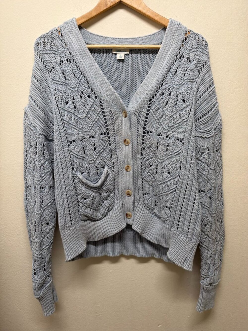 Sundance Light Blue Open Knit Pointelle Button Down Cardigan Size L